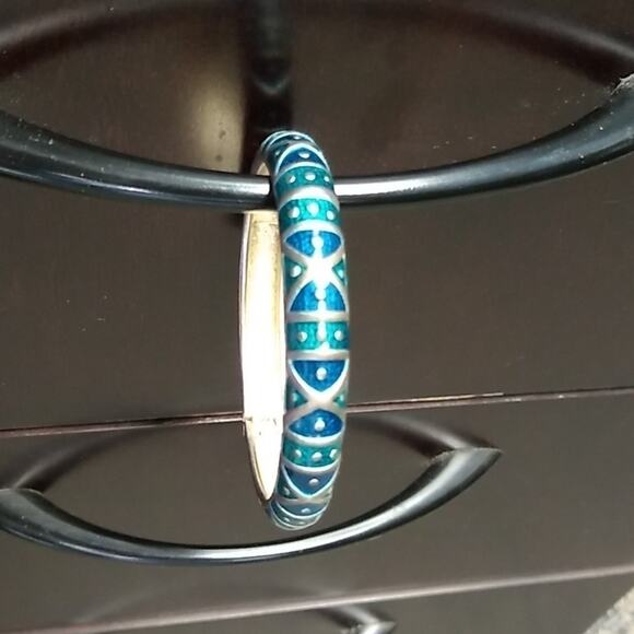 Turquoise & Blue Hinged Metal Bangle Bracelet - Picture 1 of 2